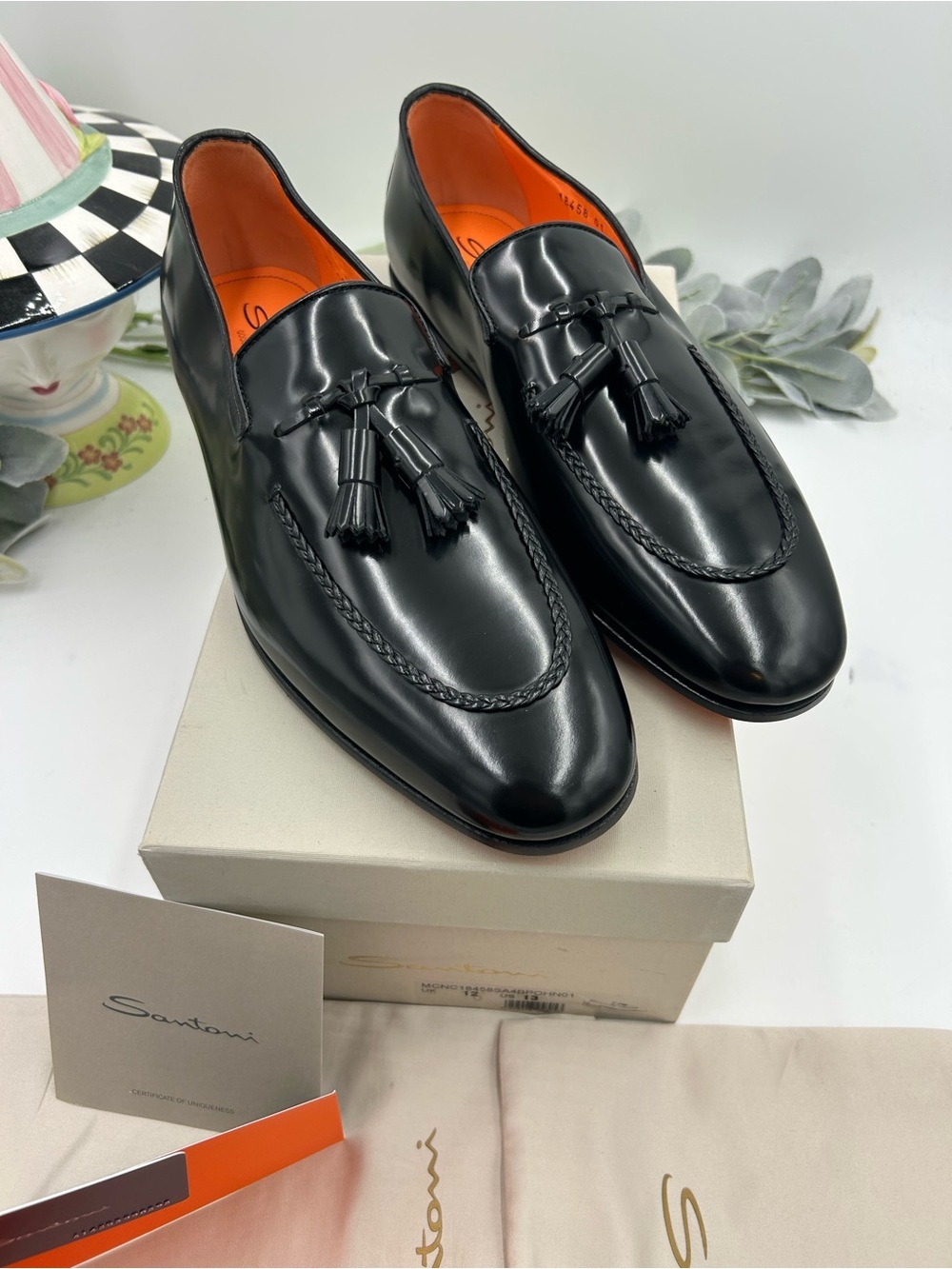 Men's Santoni, black leather tassel loafers size 13 US made in Italy